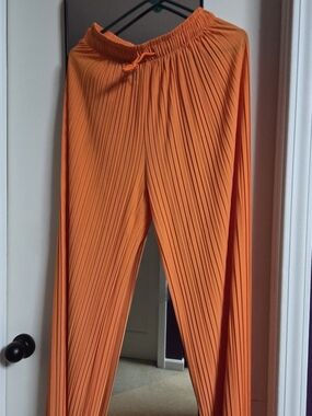 Women's Orange Pleated Wide-Leg Pants